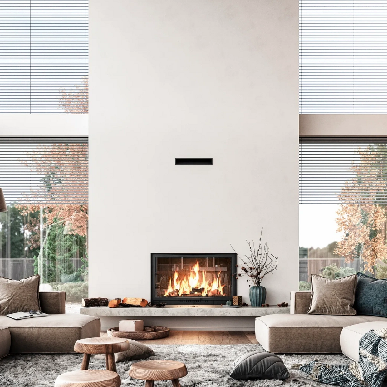 Cozy modern living room with a fireplace and large windows.