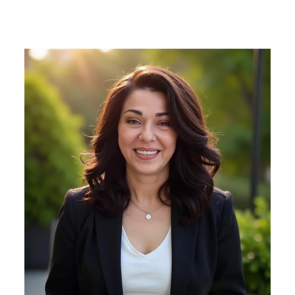 Smiling woman with dark hair in a black blazer outdoors in soft sunlight.