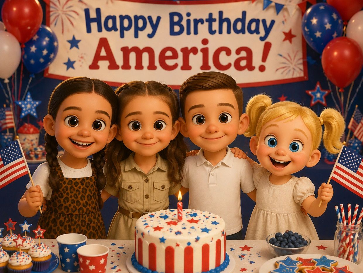 Four animated children celebrate America's birthday with cake and flags.