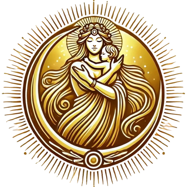 Golden goddess Umai embracing a child — symbol of healing, love, and protection at UMAI Foundation.