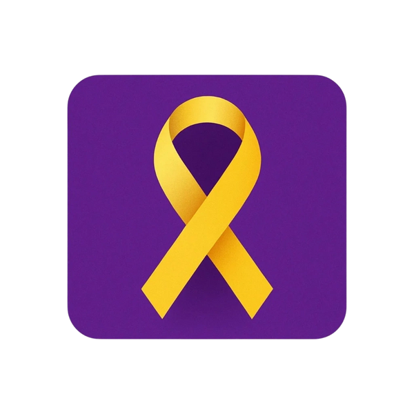 Gold childhood cancer awareness ribbon on purple background symbolizing hope and healing