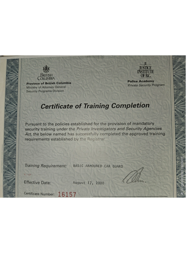 Certificate of Training Completion for Basic Armoured Car Guard.