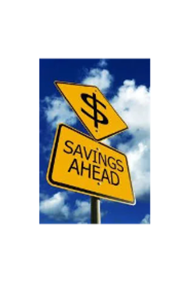 Road signs indicating financial savings ahead under a blue sky.