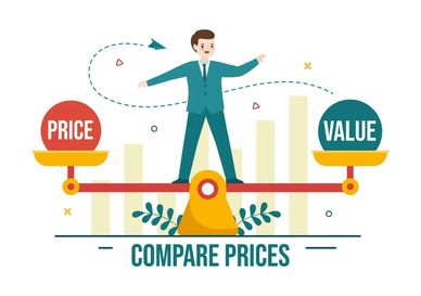 A businessman balancing price and value on a scale.