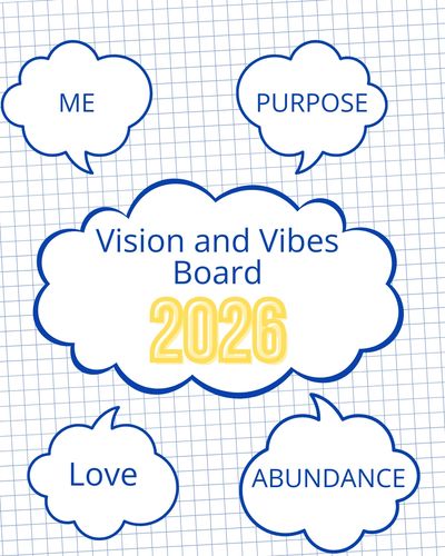 Vision and Vibes Board 2026 with focus areas Me, Purpose, Love, and Abundance.