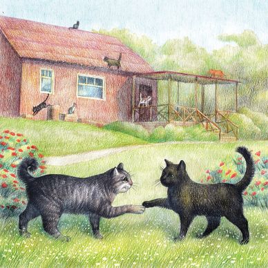 book page with 2 cats highfiving each other