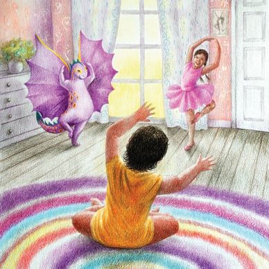 book page - a baby dancing along with a dragon and a girl doing ballet