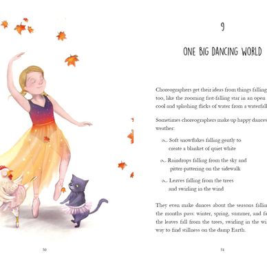 a page from the book with a girl dancing with a cat and a chicken