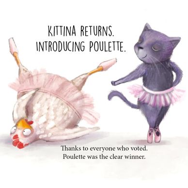 a page from the book with a chicken who fell in pointe shoes and a cat dancing in a sous sous