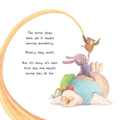 page from the book with a dancing scarf and silly animals