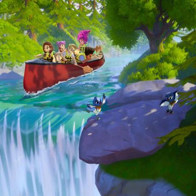 book page of kids in a canoe in the river - birds are in dance poses