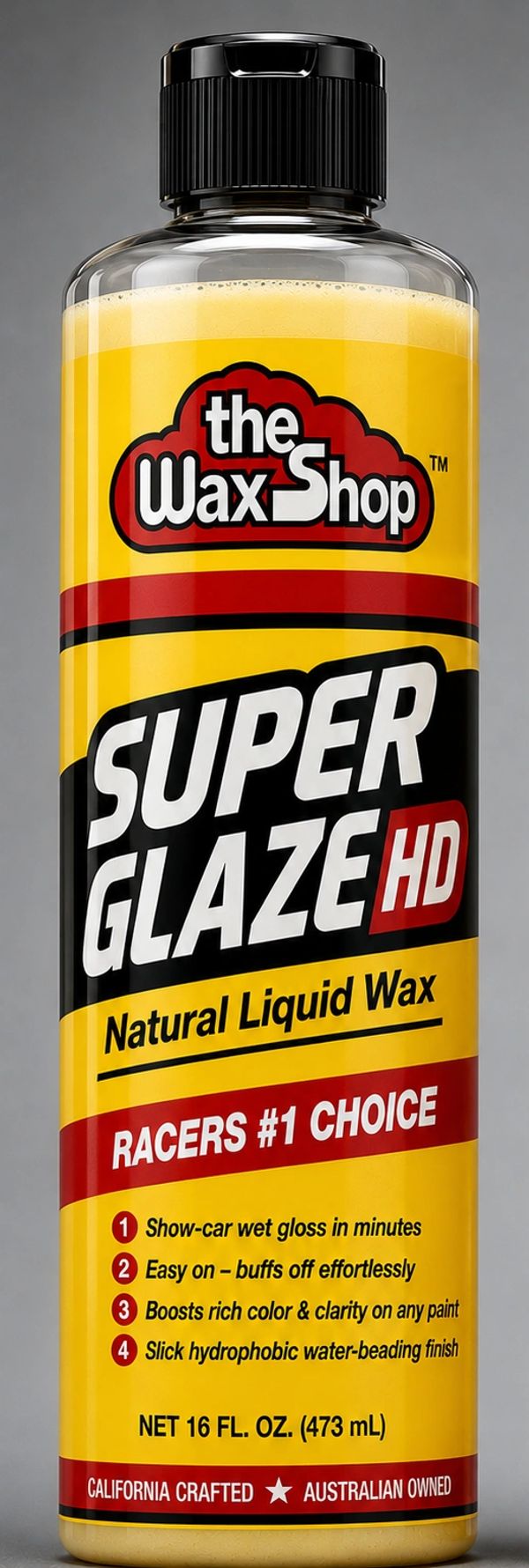 Bottle of The Wax Shop Super Glaze HD natural liquid wax.