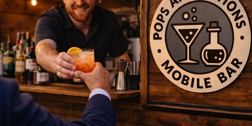 Bartender handing a cocktail to a customer at a mobile bar.