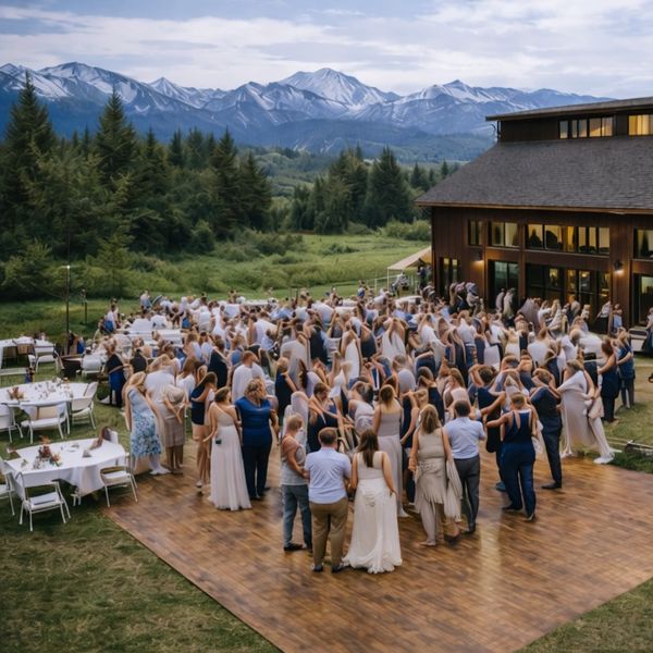 Outdoor wedding reception with guests dancing against mountain backdrop.
