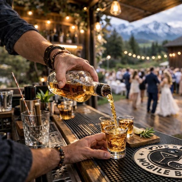A bartender pouring whiskey into glasses at an outdoor event with mountains in the background.