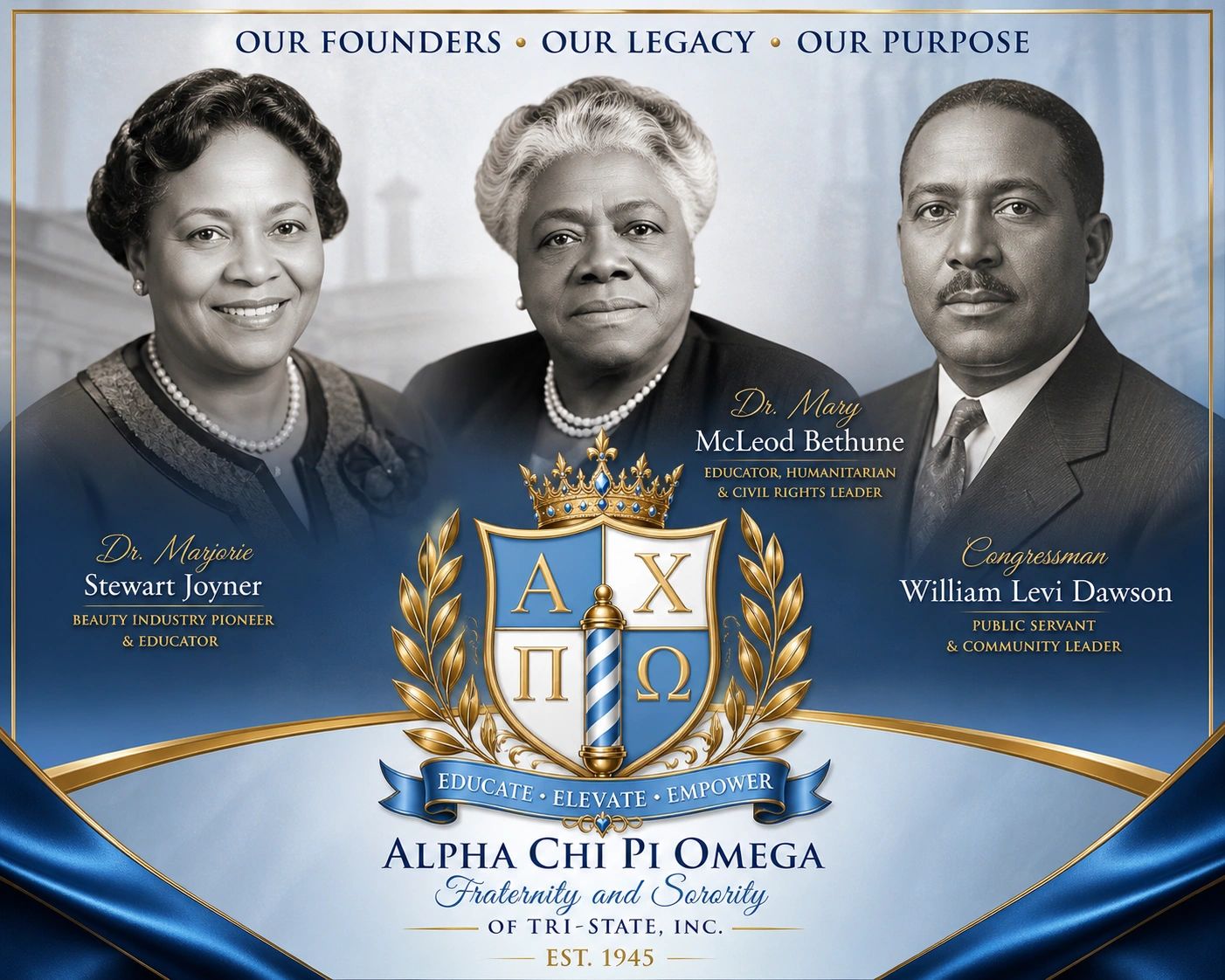 Our original Founders Dr. Marjorie Stewart Joyner, Dr. Mary McLeod Bethune, and William Levi Dawson.