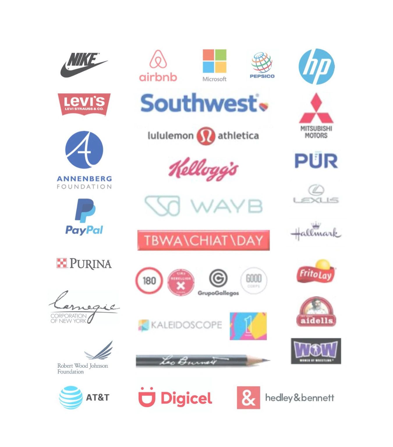 Past clients include Nike, Levi's, Airbnb, Microsoft, Southwest, Chiat\Day, Leo Burnett, foundations