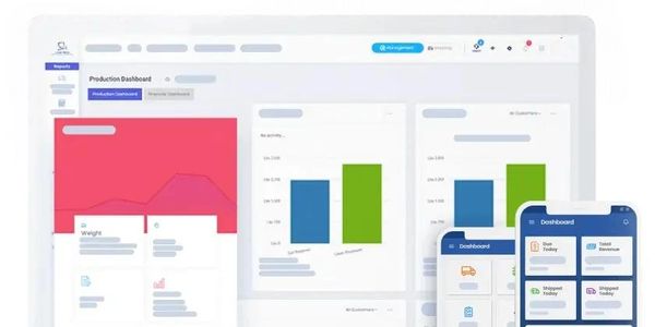 Dashboard showing production and shipment data on desktop and mobile.