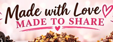 Three decadent slices of cheesecake with various toppings and the text made with love made to share.