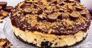 Chocolate peanut butter cheesecake with crushed peanut butter cups.