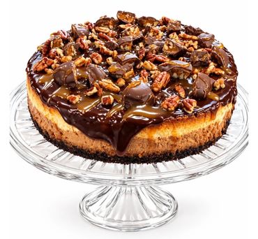 Chocolate cheesecake with pecans and caramel drizzle.