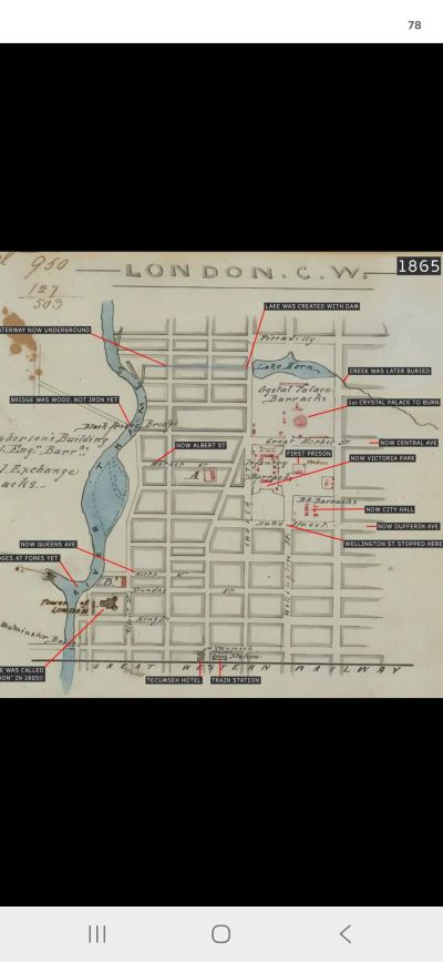 1865 map of London C.W. with annotations showing historical landmarks.