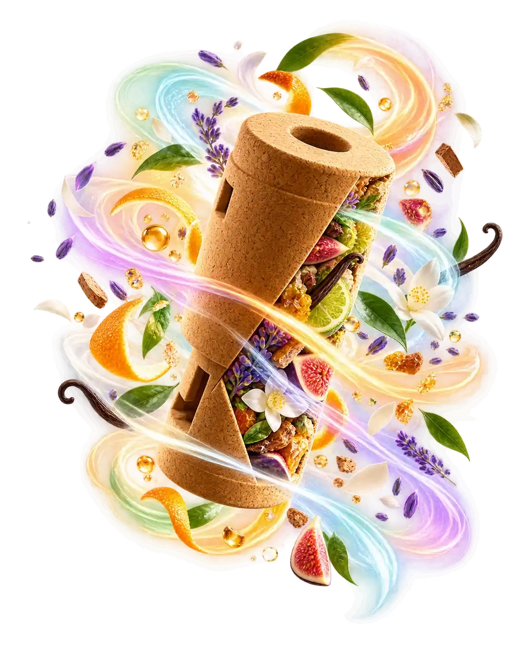 Ethicork™ natural cork air freshener surrounded by fragrance ingredients from the Ethicork™ range