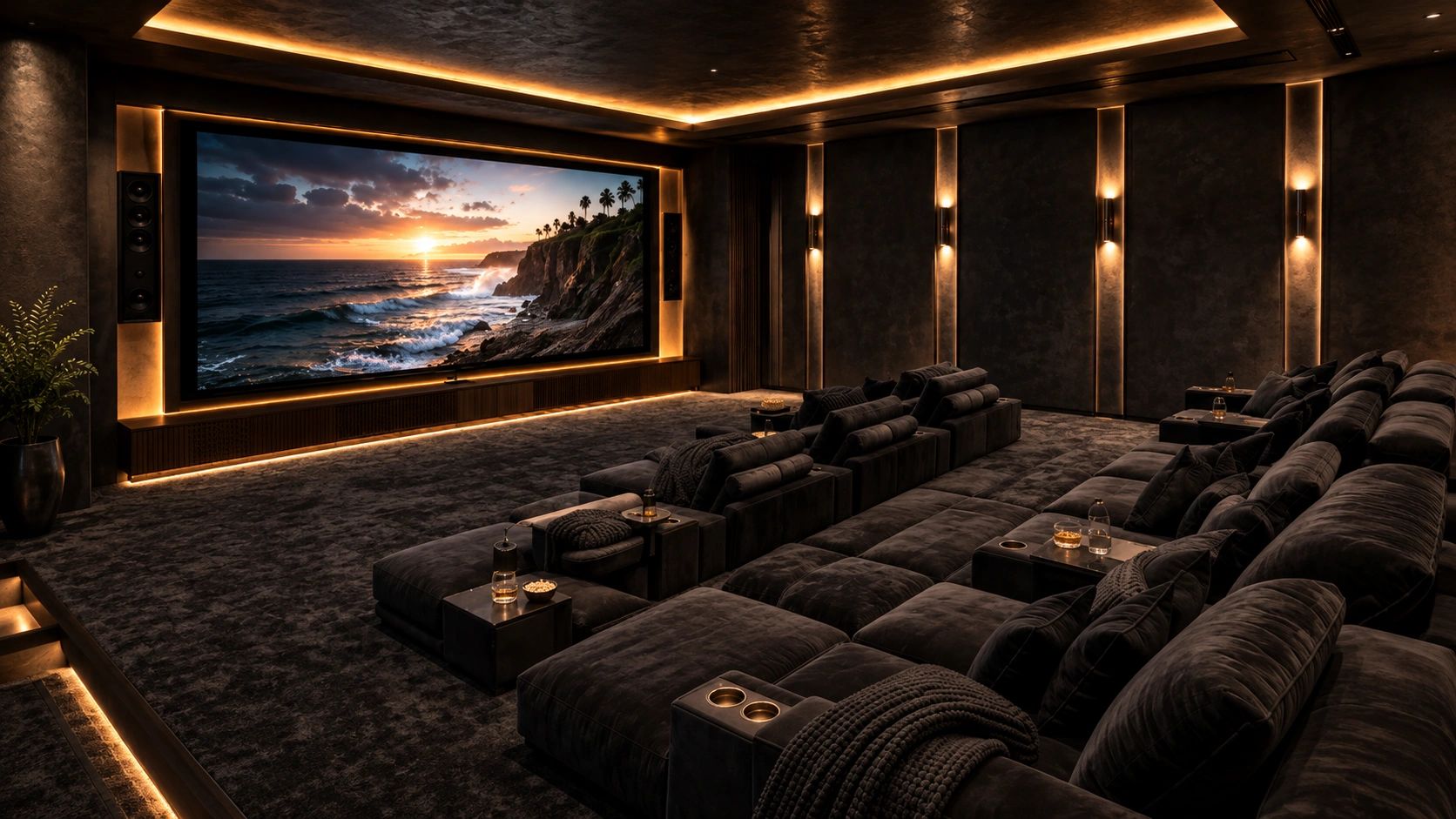 Luxurious home theater with plush seating and ambient lighting.