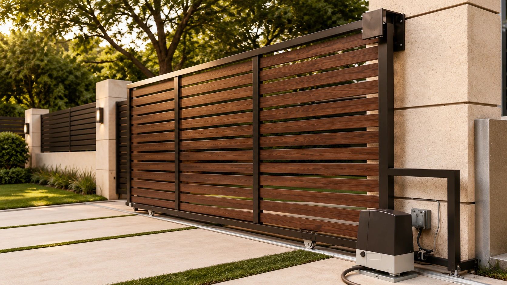 Automatic sliding wooden gate with metal frame.