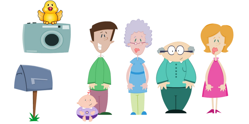 Character Design of a family for a commercial for a photography product. A bird, baby, dad, mom, grandpa, mom, grandma.