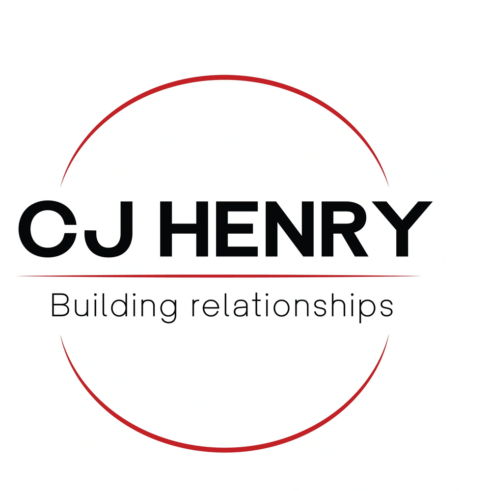 CJ Henry logo with red arc and tagline Building relationships.