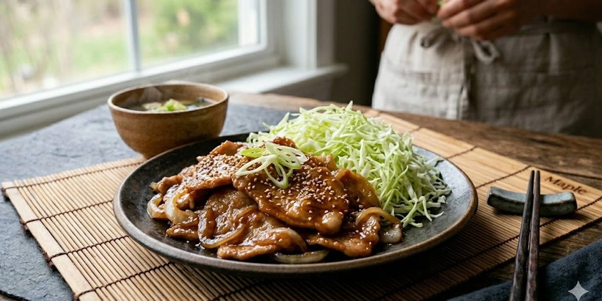 Delicious Asian dish with glazed meat, shredded cabbage, and a bowl of soup on the side.