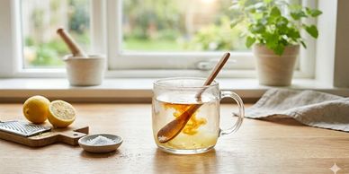 A glass cup with tea and a wooden spoon on a kitchen counter by a window.