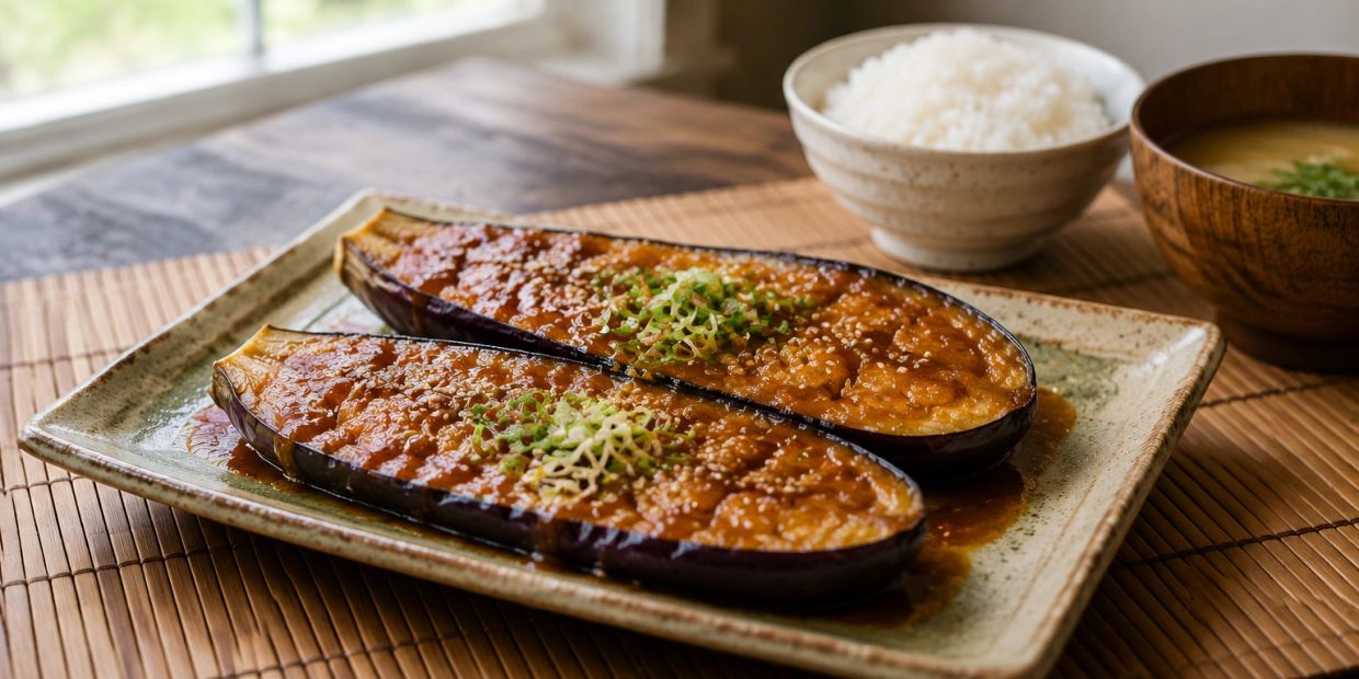 Miso-glazed eggplants on a plate with rice and soup.