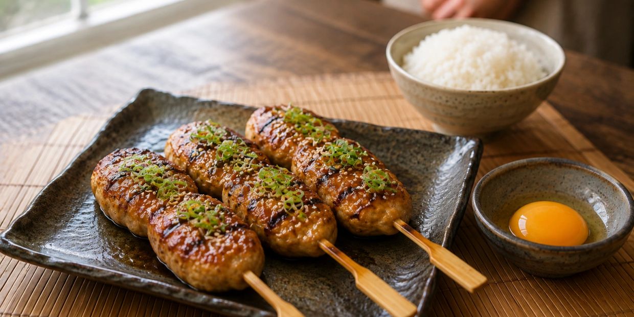 Grilled skewers with rice and egg yolk.
