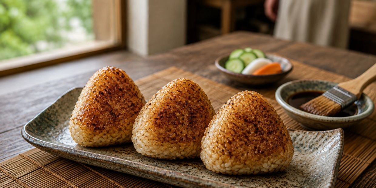 Three grilled rice balls on a plate.