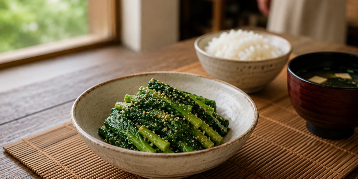 Traditional Japanese meal with greens, rice, and miso soup.