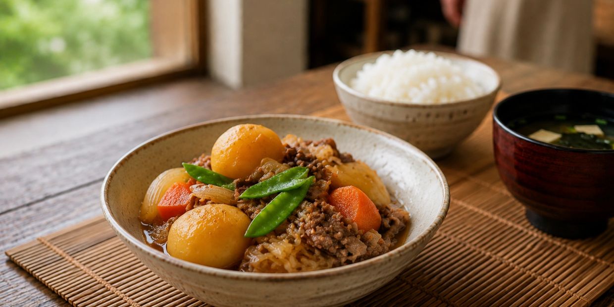 A bowl of Japanese stew with vegetables and meat.