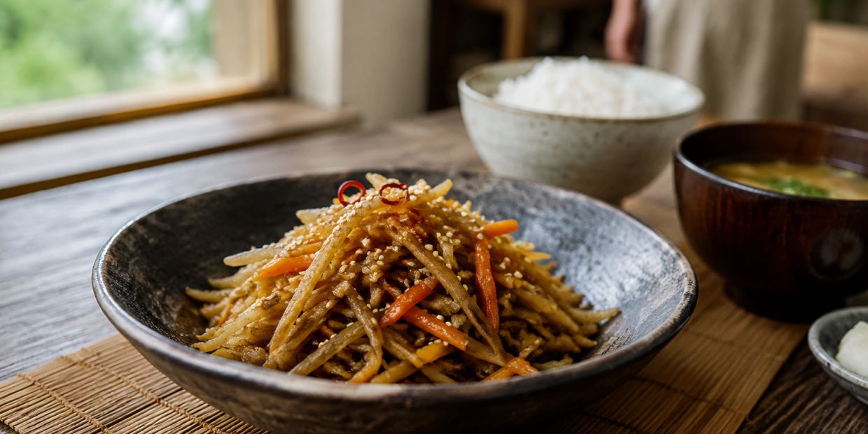 Japanese dish with burdock root, carrot, rice, and miso soup.