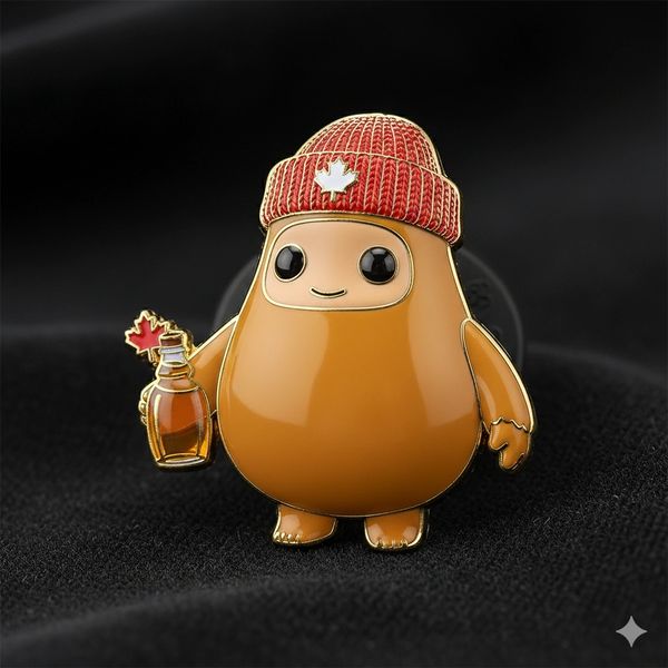 Cute maple syrup character wearing a red beanie with a maple leaf, holding a syrup bottle.