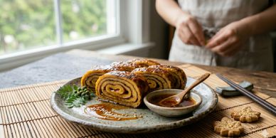Sliced cinnamon rolls on a plate with honey and a person in the background.