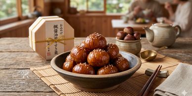 A bowl of glazed sesame-covered snacks on a wooden table with chopsticks.