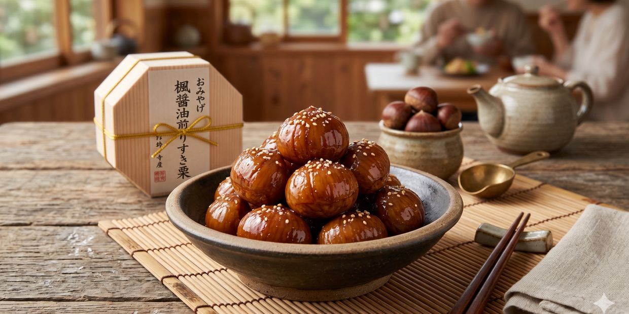 A bowl of glazed chestnuts sprinkled with sesame seeds on a rustic wooden table.