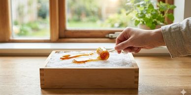 Hand making traditional Japanese candy art on icy surface.