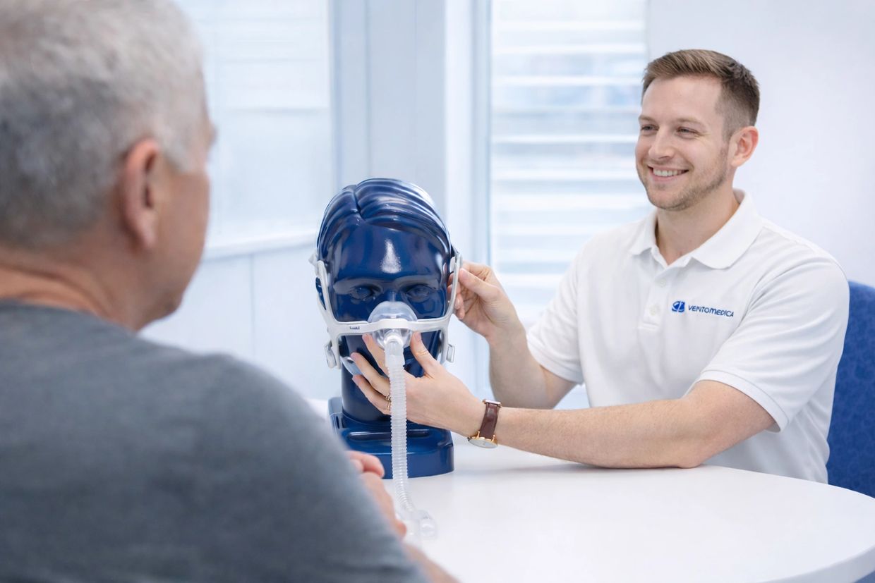 A man fitting a CPAP mask on a mannequin while explaining to a patient.