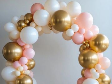 Elegant balloon arch in gold, white, and pink hues against a minimalist backdrop.