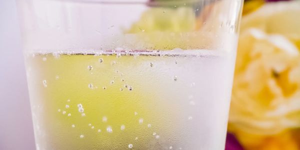 A chilled glass of sparkling water with a lemon slice and flowers in the background.