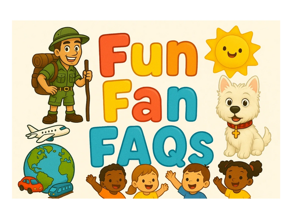 Colorful cartoon scene with kids, a dog, a sun, a globe, and Geo Joe in his explorer outfit around the text 'Fun Fan FAQs'.
