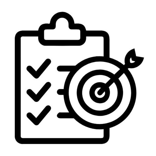 Line art graphic featuring a clipboard and target, representing the project management, planning, or