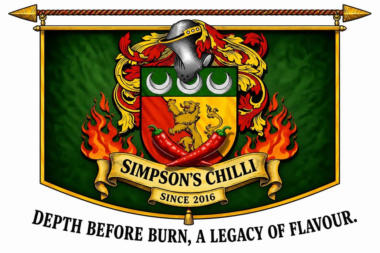 Simpson's Chilli logo with fiery peppers and a lion crest, established in 2016.
